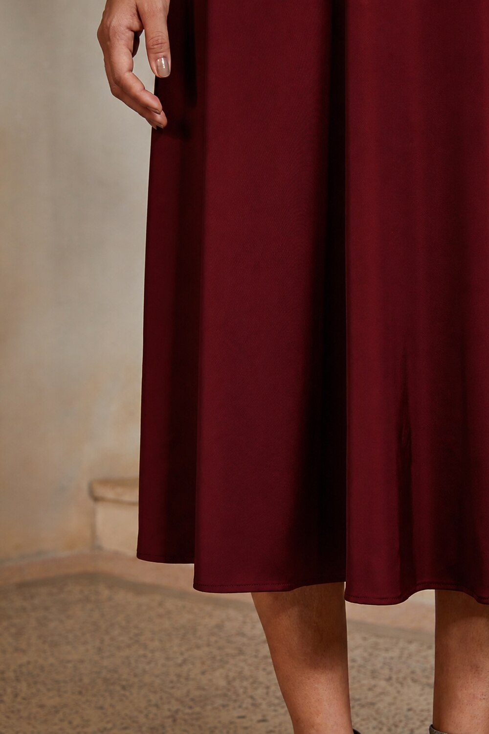 Burgundy Lace-Inset Satin Midi Dress